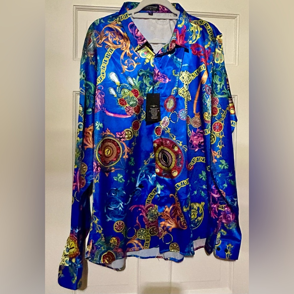 NWT 3X Men’s Button Down Designer Inspired Print Vibrant Blue Dress Shirt Cool!
